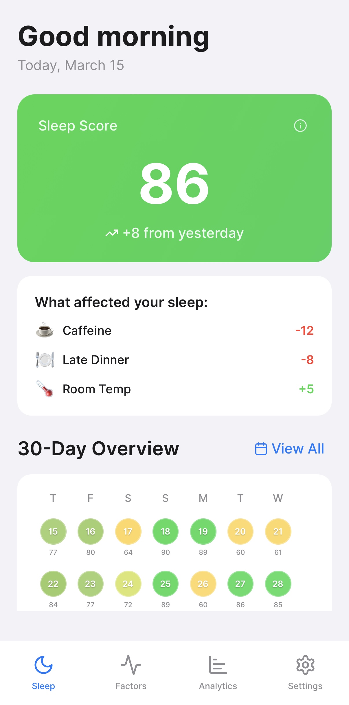 Reverie App showing sleep tracking dashboard